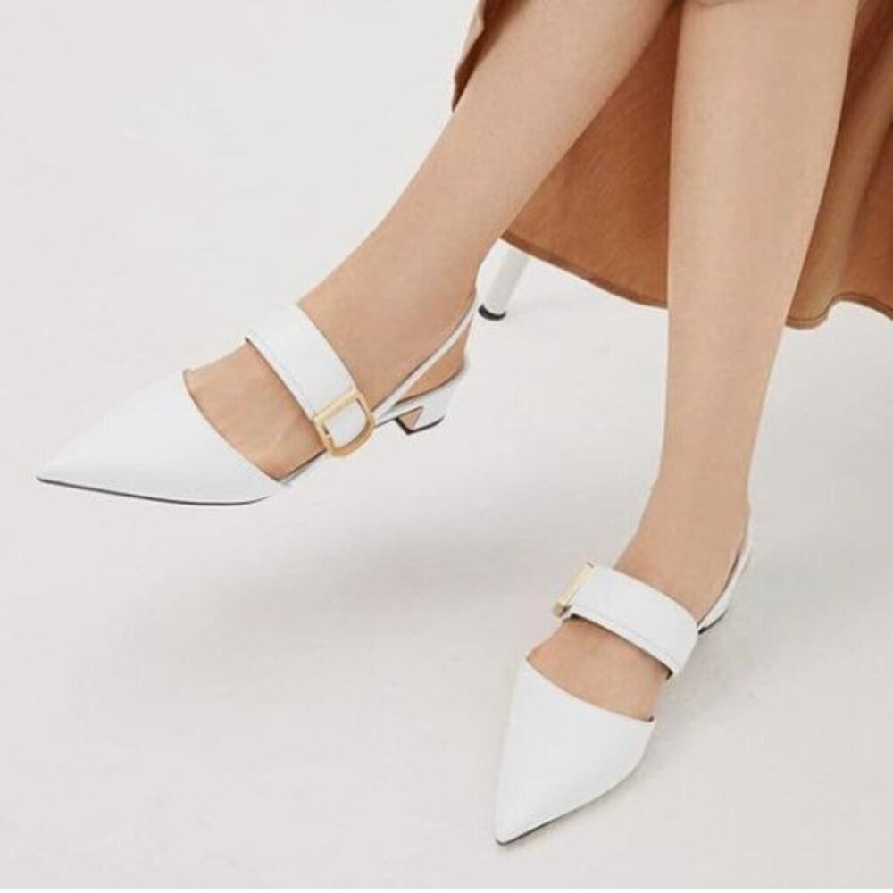 FYS White Pointed Toe Slingback Sandals Block Low Heel Strappy Buckled Pumps